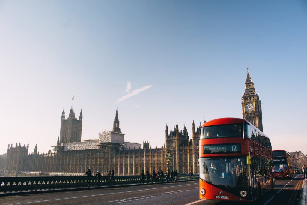 Landscape image of London Bridge with Red Bus
