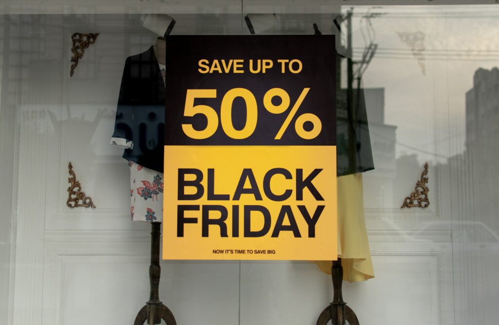 50% Black Friday sign in the shop window