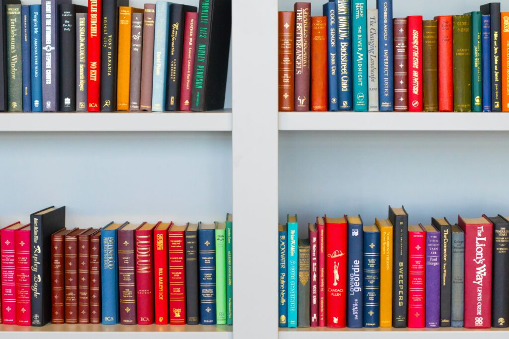 Books on a book shelf which has two levels