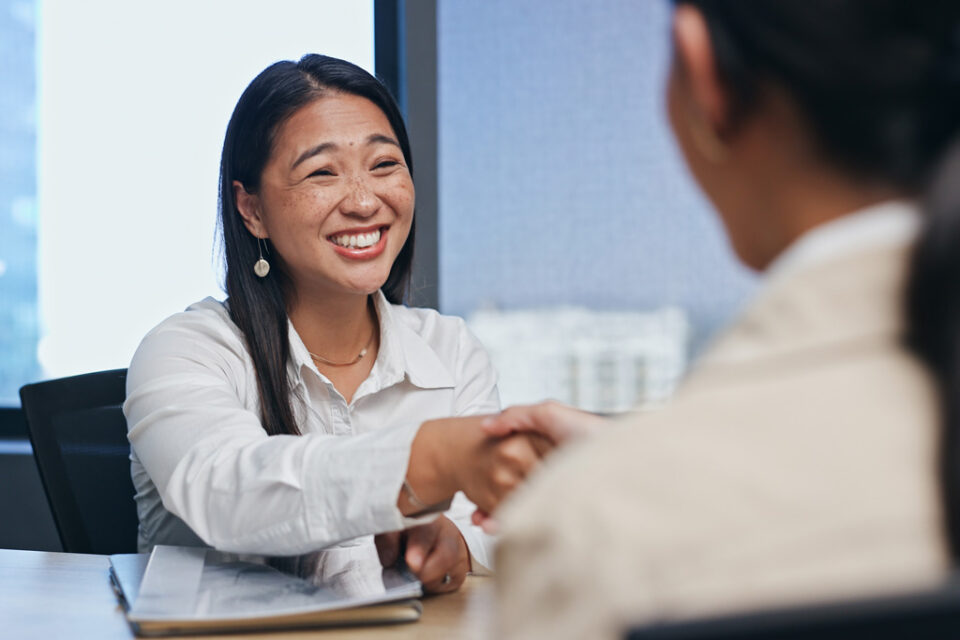 business woman handshake and introduction to job