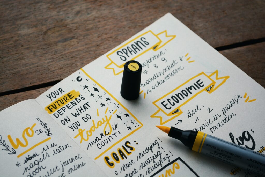 A mood board with goals Witten on it in yellow felt tip