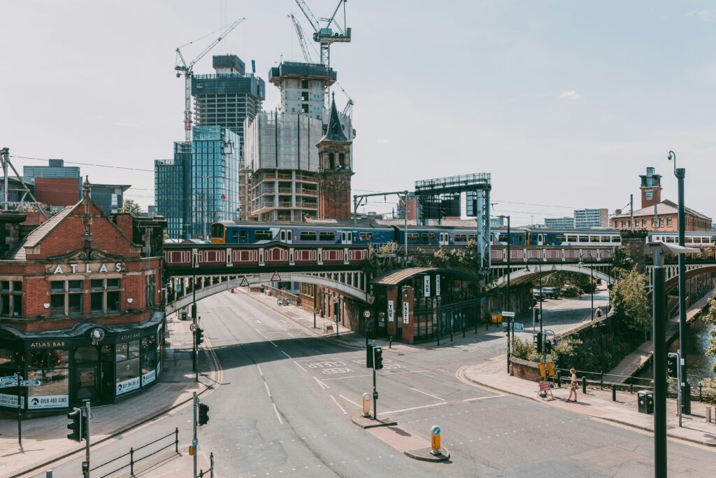 An overview of Manchester crossing with a bridge 