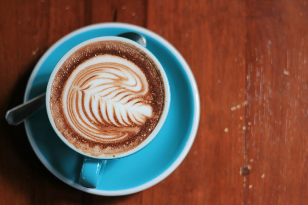 A cup of mocha coffee on a saucer