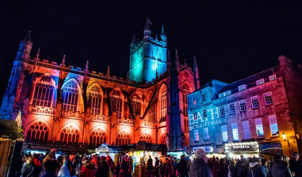 bath cathedral lit up with Christmas lights