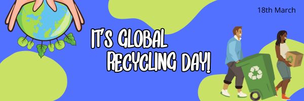 A global recycling day poster with the earth in one corner and people recycling in the opposite corner