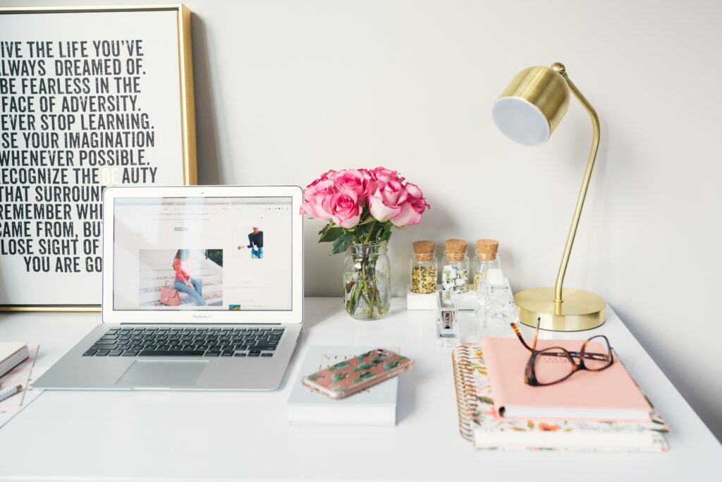 A desk with items on top of it 